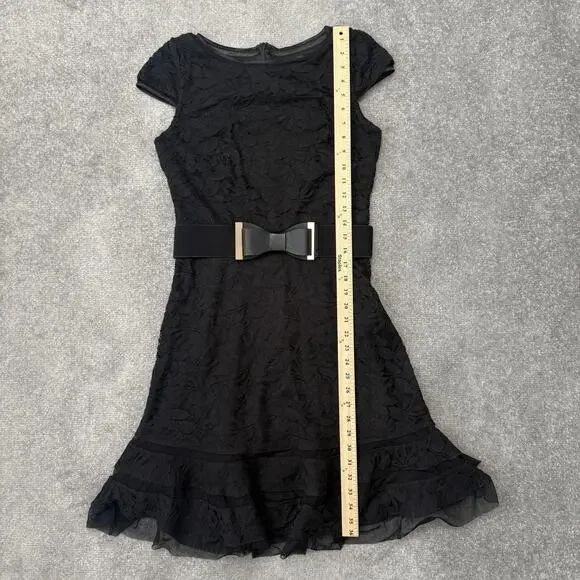 Joseph Ribkoff Dress Womens 8 Black Lace Fit Flare Belted Ruffle Hem Knee Length - Picture 8 of 11